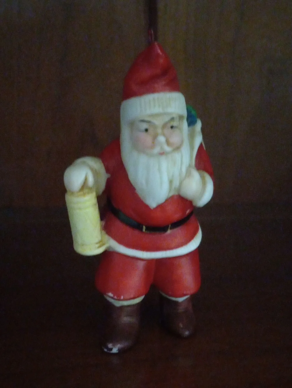 Vintage Ceramic Santa Claus Figurine with Lantern & Toy Sack Christmas Ornament